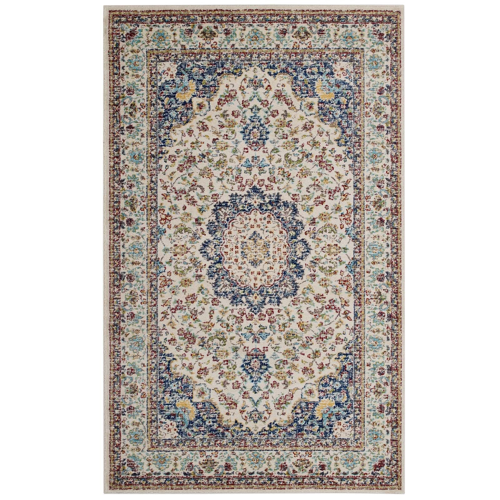 Multicolored Meryam Distressed Vintage Medallion 5x8 Area Rug | Tight Low Pile Weave | Gripping Jute Fabric Underside | 100% Polypropylene | Pack Of 2 image 1