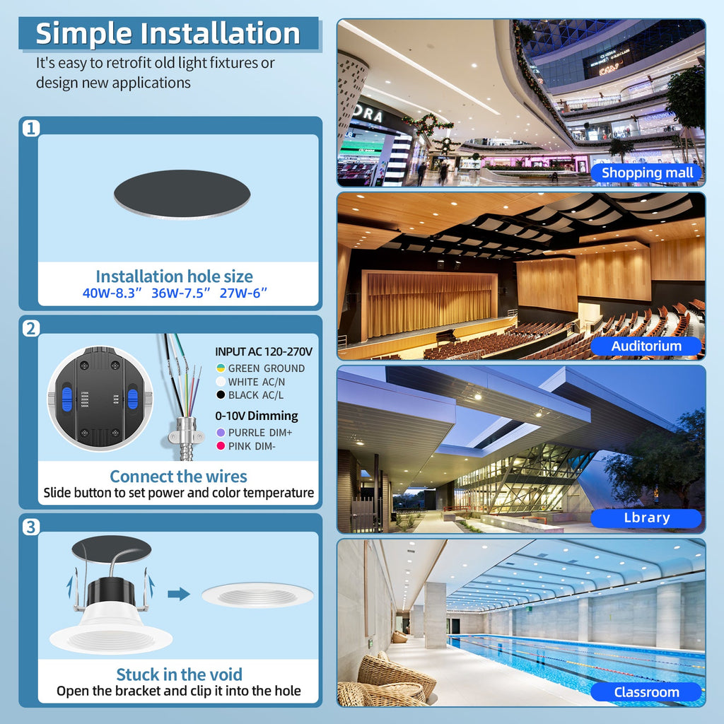 6", 8", 10" LED Downlight | 0-10V Dimmable | 13W - 40W Wattage Tuneable | 2700K/3000K/3500K/4000K/5000K 5 CCT Changeable | Baffle Trim | Damp Rated image 2