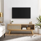Soma 47" TV Stand | Oak &amp; Walnut Finish Options | Contemporary TV Stand | Natural Rattan Weave | MDF and Particleboard | Cable Management Holes | Sliding Doors image 0