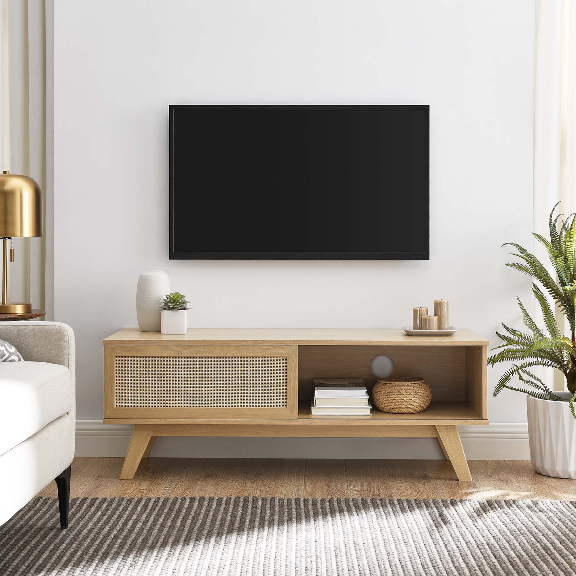 Soma 47" TV Stand | Oak &amp; Walnut Finish Options | Contemporary TV Stand | Natural Rattan Weave | MDF and Particleboard | Cable Management Holes | Sliding Doors image 0