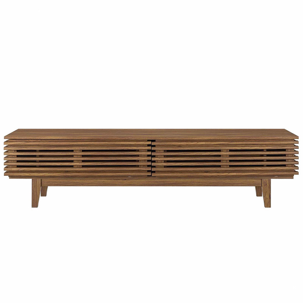 Render 71" TV Stand | Oak &amp; Walnut Finish Options | Mid-Century Modern TV Stand | Smooth Wood Grain Laminate | Durable Particleboard | Two Bottom-Hinged Doors image 5