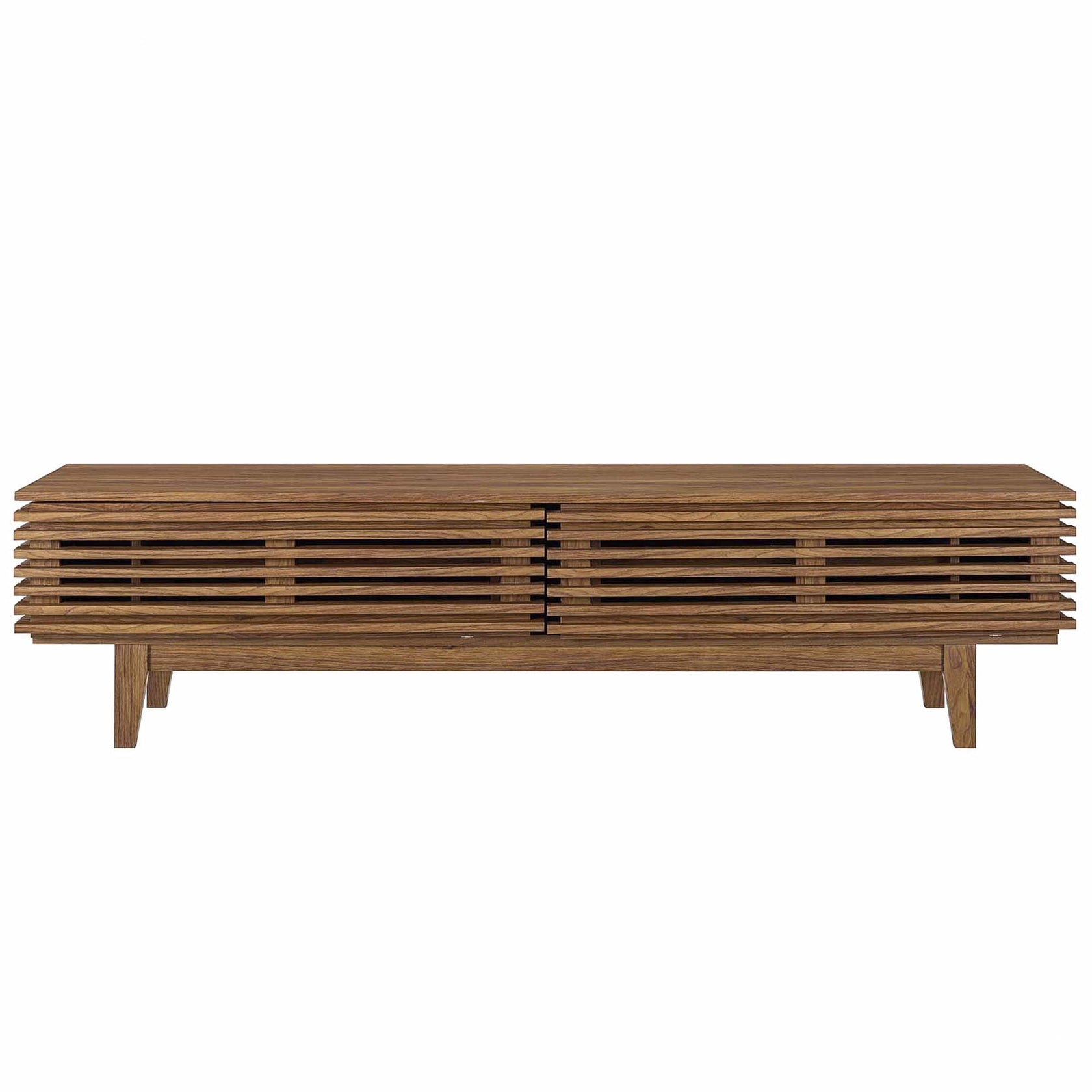 Render 71" TV Stand | Oak &amp; Walnut Finish Options | Mid-Century Modern TV Stand | Smooth Wood Grain Laminate | Durable Particleboard | Two Bottom-Hinged Doors image 5