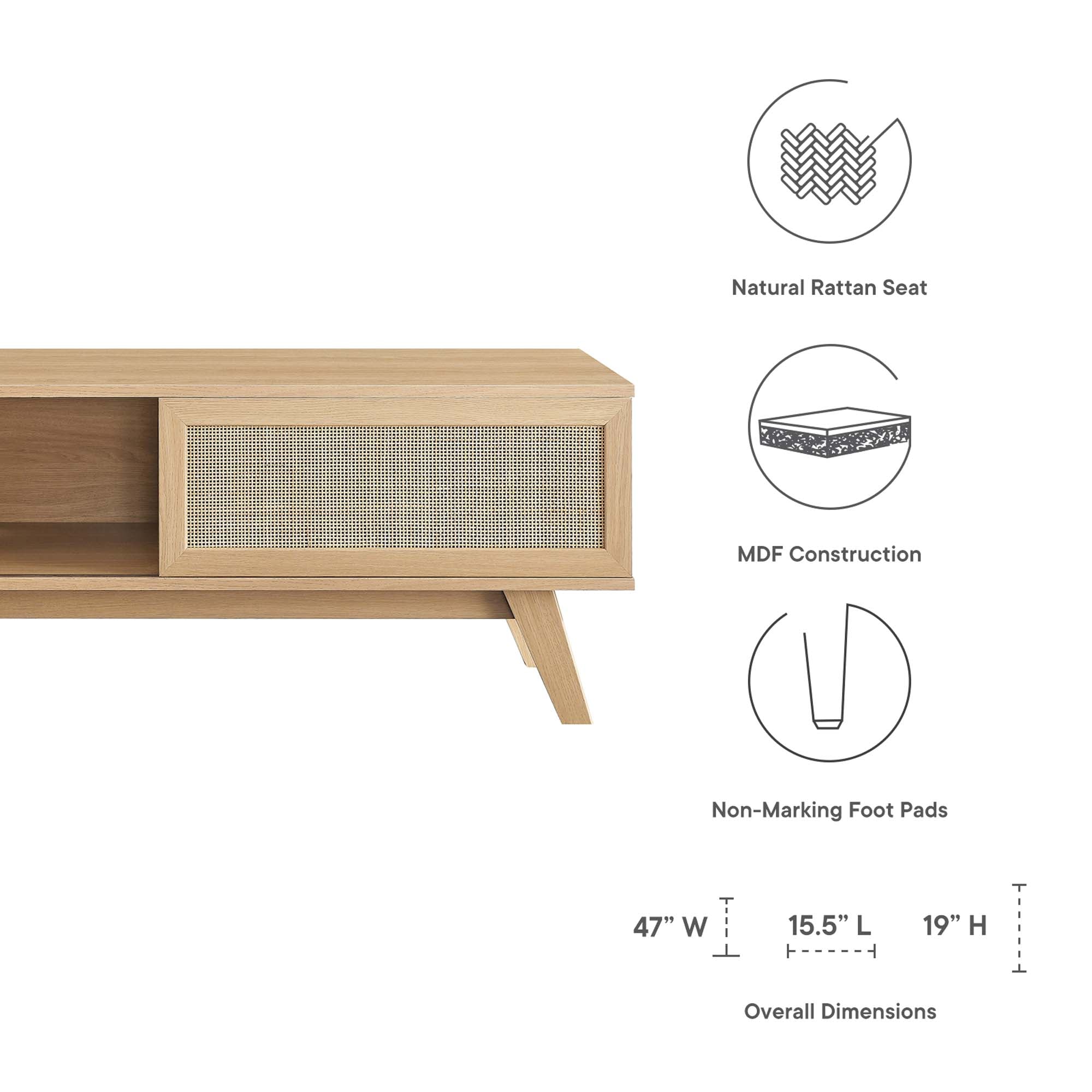 Soma 47" TV Stand | Oak &amp; Walnut Finish Options | Contemporary TV Stand | Natural Rattan Weave | MDF and Particleboard | Cable Management Holes | Sliding Doors image 2