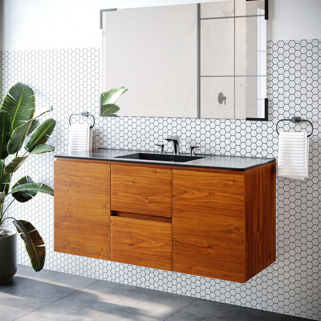Wall Mount Bathroom Vanity With Sink | Cherry White & Cherry Black Color Options | 18", 24", 36" & 48" Size Options | Scenic Series | Full Extension Drawer | Ceramic Sink Basin | Drywall Friendly Mounting Cleat image 0