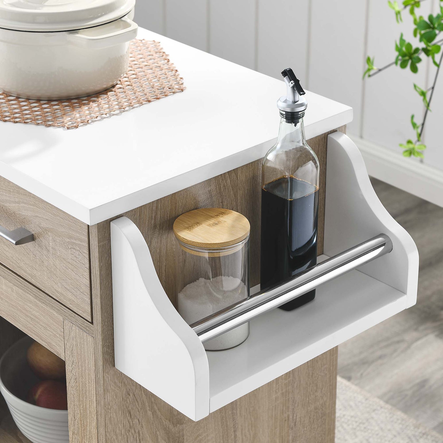 Culinary Kitchen Cart With Spice Rack | Rubberwood Top | Light Gray Natural, White Natural, Charcoal Natural &amp; Oak White Options image 11