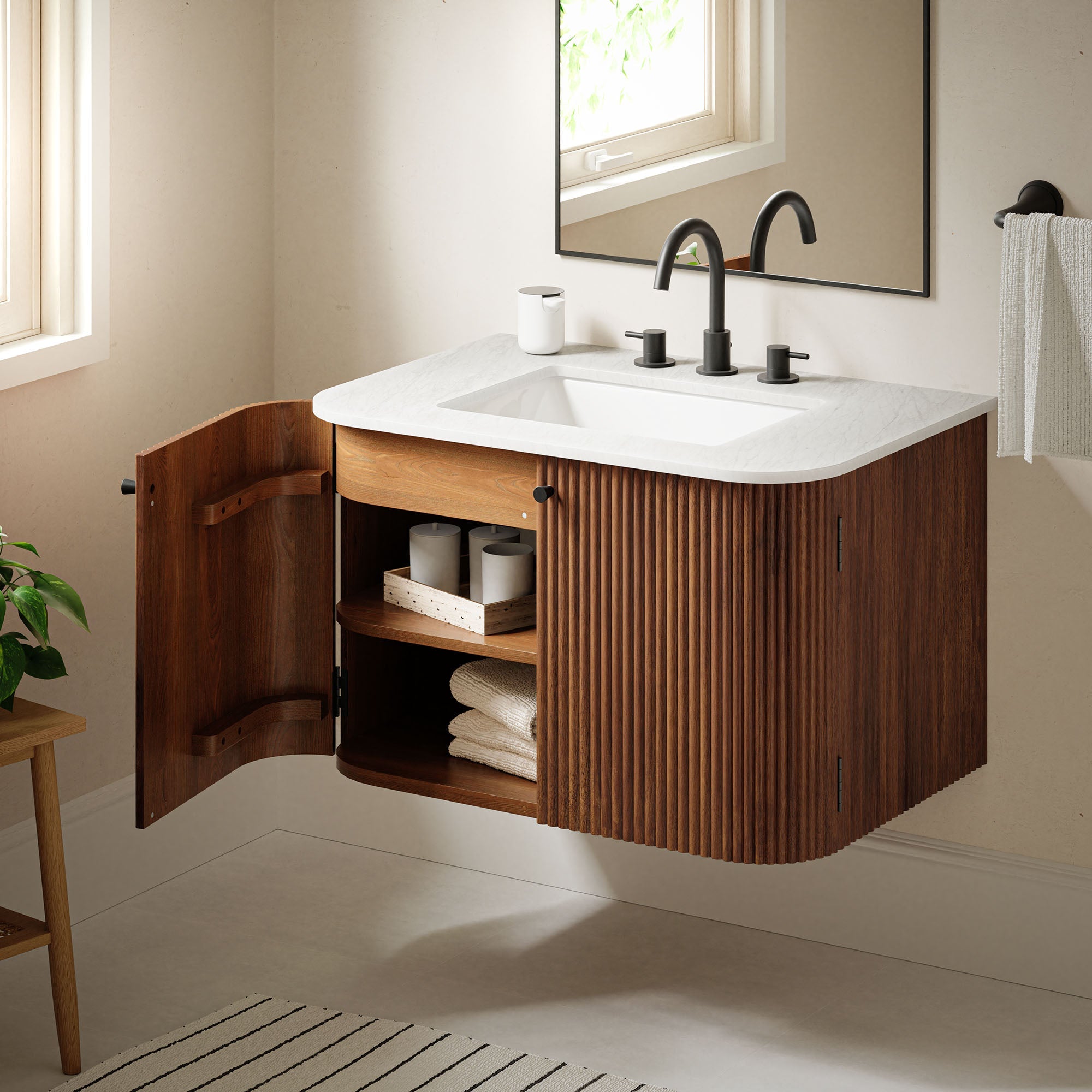 Wall Mount Bathroom Vanity With Marble Sink | Zia Series | 24" & 30" Sizes Available | Natural, Ivory & Walnut Color Options | Modern Design | Soft-Close Hinges | 8" Widespread Faucet Holes | Fluted Pattern image 4