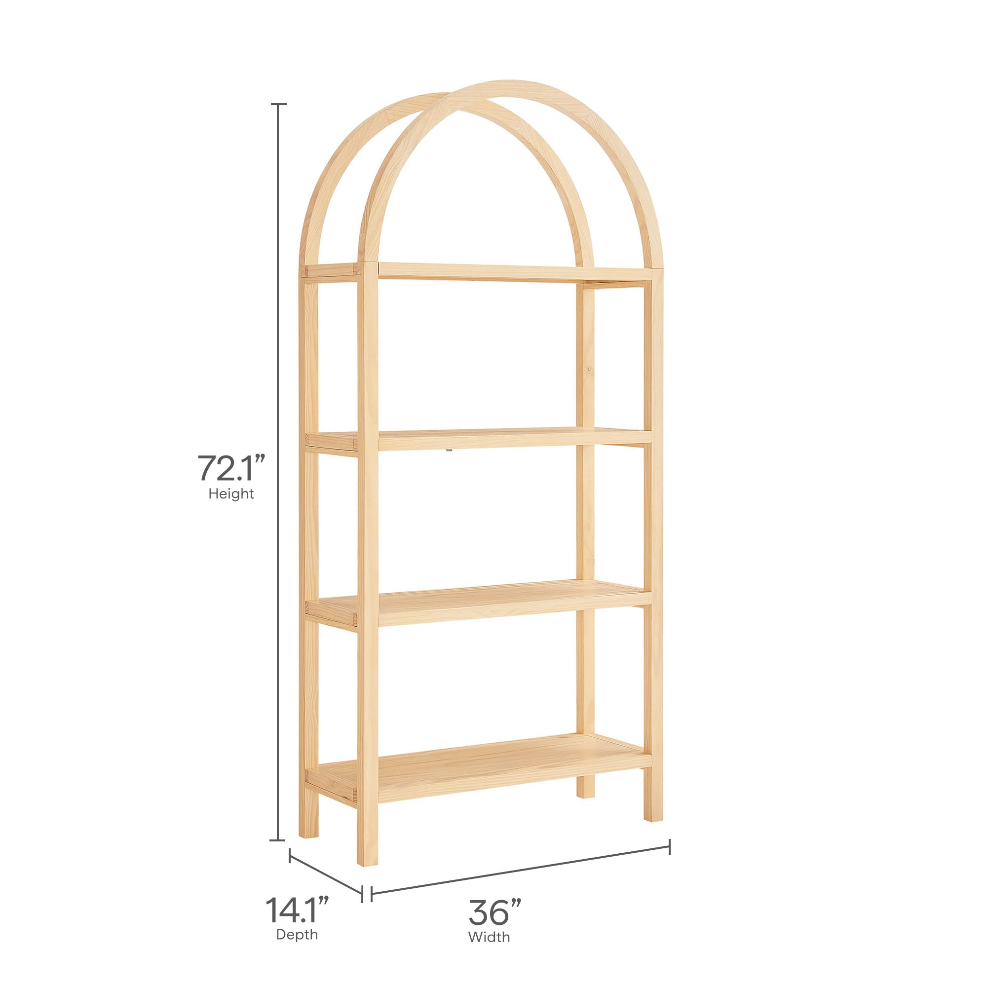 Vexley 72 Inch Large Arched Bookshelf  | Natural, Black &amp; Walnut Color Options | Pine Wood Frame | Sculptural Arched Silhouette | 4 Pine Veneer Shelves image 2
