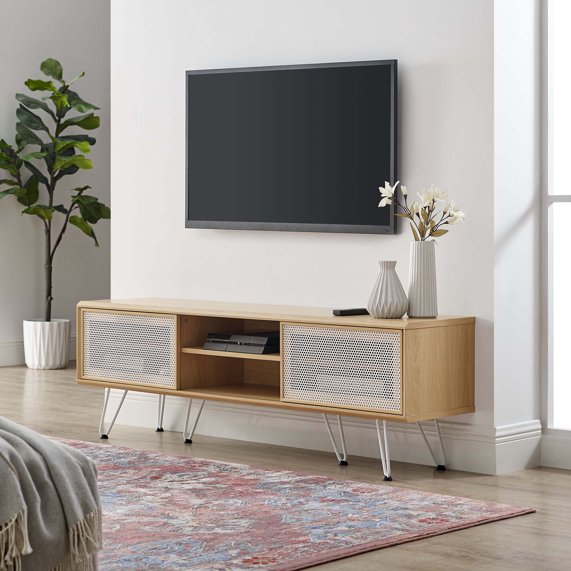 Nomad 59" TV Stand | Oak &amp; Walnut Finish Options | Industrial Modern TV Stand | Sliding Mesh Doors | Honeycomb Core | Wood Grain Laminate | Hairpin Legs image 0
