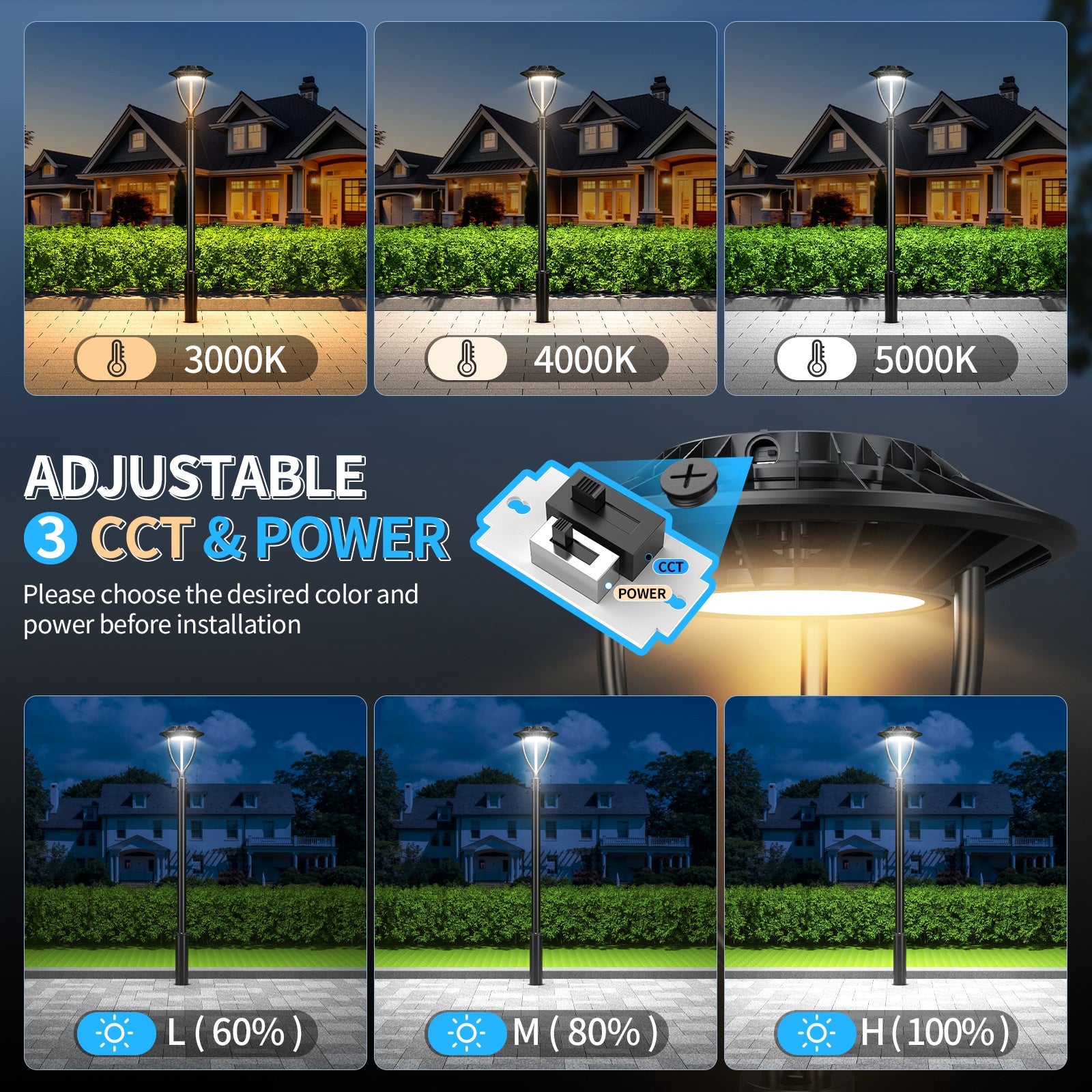 LED Post Top Pole Light with Dusk to Dawn Photocell, 60W/80W/100W/150W Options, 3000K/4000K/5000K CCT Tunable, LED Garden Area Lights for Pathway IP65 Waterproof image 4
