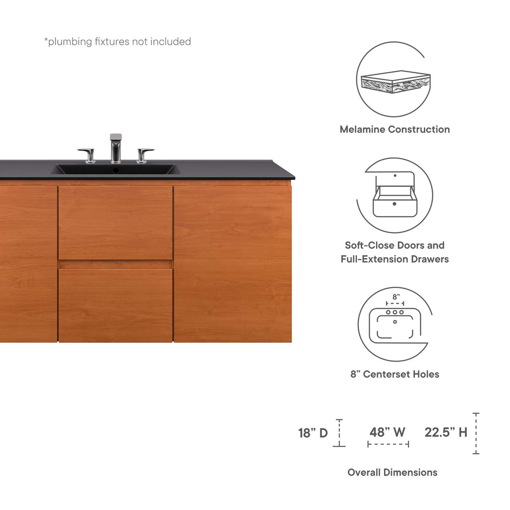 Wall Mount Bathroom Vanity With Sink | Cherry White & Cherry Black Color Options | 18", 24", 36" & 48" Size Options | Scenic Series | Full Extension Drawer | Ceramic Sink Basin | Drywall Friendly Mounting Cleat image 1