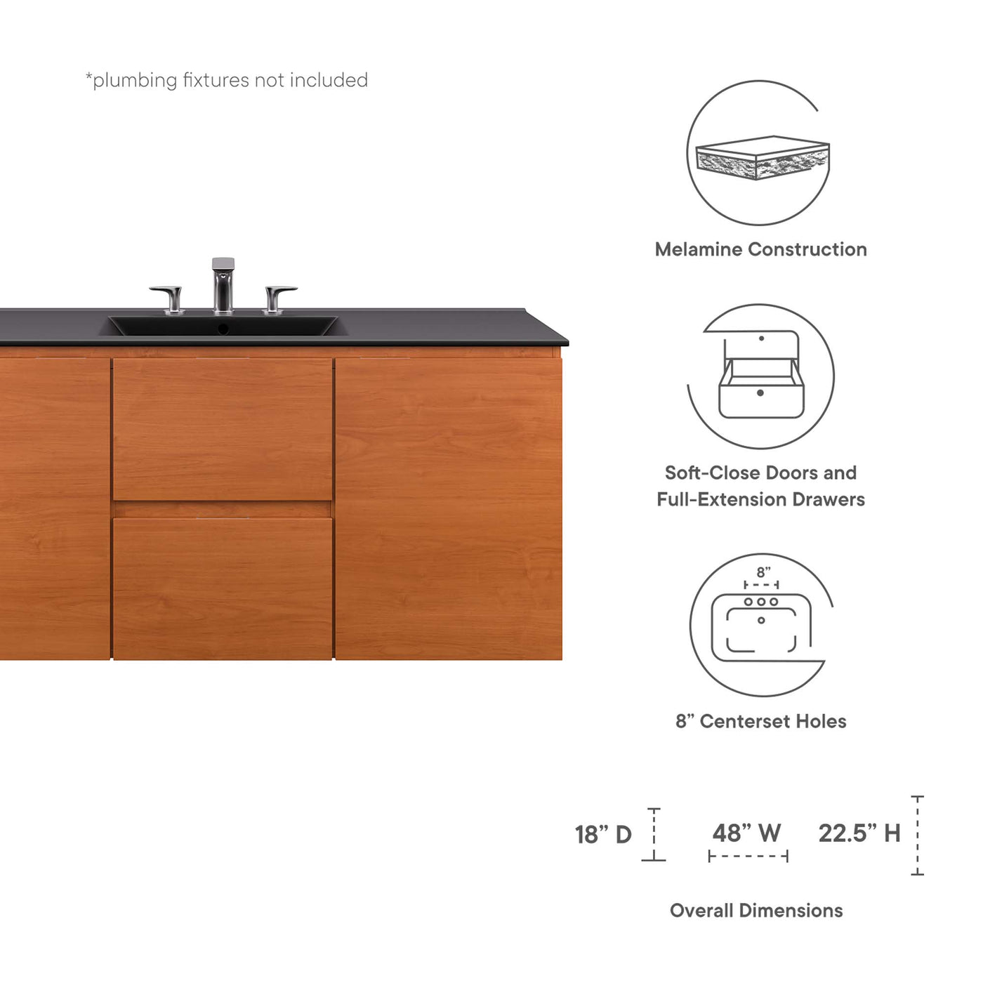 Wall Mount Bathroom Vanity With Sink | Cherry White & Cherry Black Color Options | 18", 24", 36" & 48" Size Options | Scenic Series | Full Extension Drawer | Ceramic Sink Basin | Drywall Friendly Mounting Cleat image 1