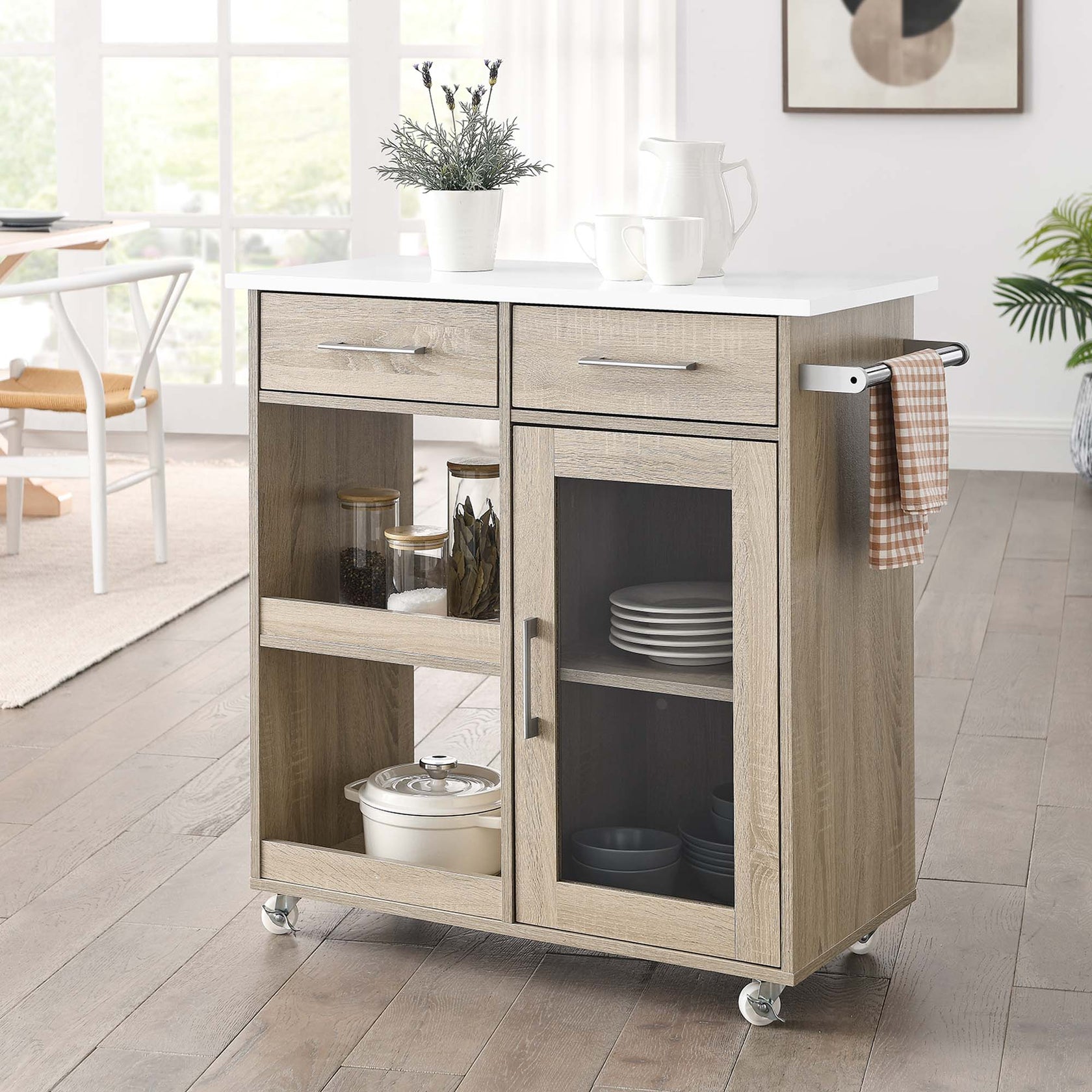 Culinary Kitchen Cart With Towel Bar | Rubberwood Top | Light Gray Natural, White Natural, Charcoal Natural &amp; Oak White Options image 0