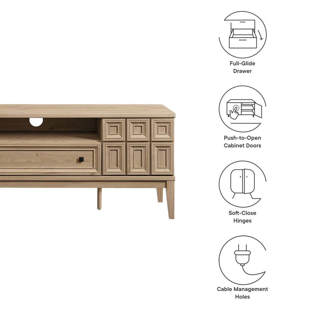 Samos 59" TV Stand | Light Oak &amp; Black Finish Options | Soft Close Hinges | 2 Push-to-Open Doors | Full-Glide Drawer | Cable Management Hole | Central Leveling Legs image 2