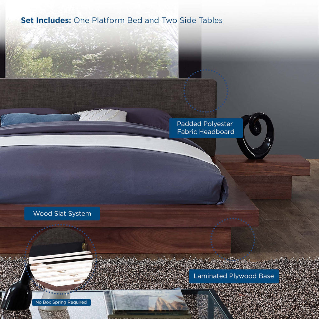 3-Piece Fabric Queen Bed With Night Stands And Headboard In Walnut Grey | Freja Series image 3