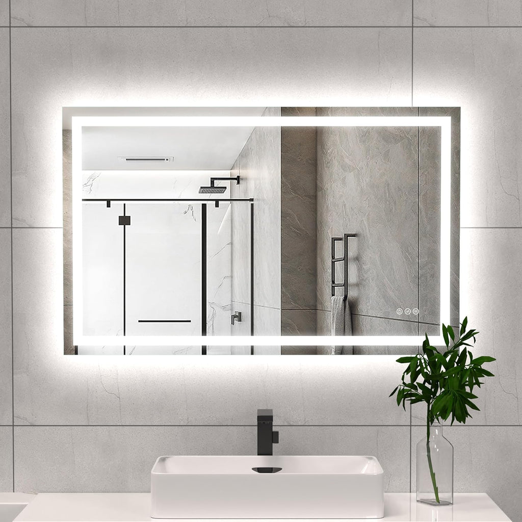 LED Bathroom Mirror 48x30 Inch Front &amp; Backlit Lights Vanity Mirror, Wall Mounted Anti-Fog Dimmable LED Makeup Mirror, IP54 3K-6K Warm/Natural/Daylight, Tempered Glass (Horizontal/Vertical) UL image 0