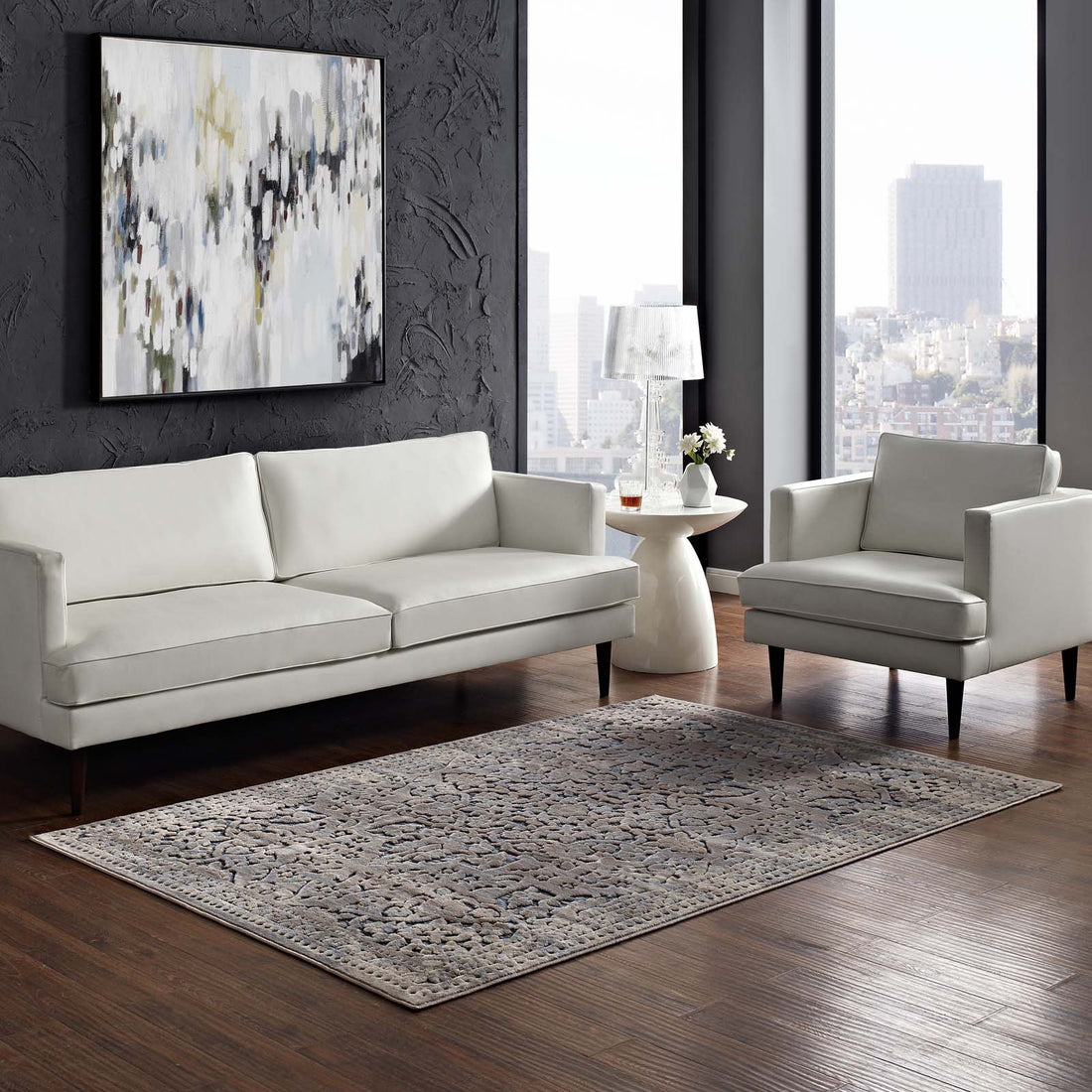 Margarida Distressed Vintage Turkish Area Rug | Blue and Cream | 5X8 &amp; 8X10 Size Options | Textured Soft Low Pile Weave | Gripping Rubber Underside | Polypropylene / Chenille Yarn image 2