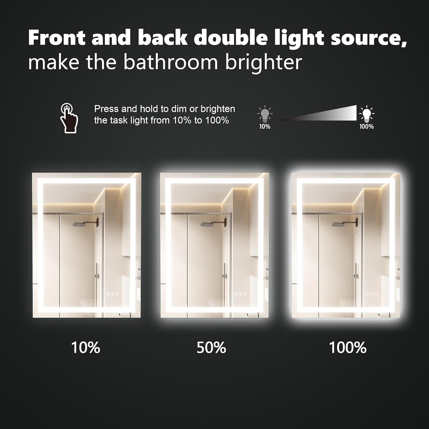 LED Bathroom Mirror 55x40 Inch Front &amp; Backlit Lights Vanity Mirror, Wall Mounted Anti-Fog Dimmable LED Makeup Mirror, IP54 3K-6K Warm/Natural/Daylight, Temp image 4