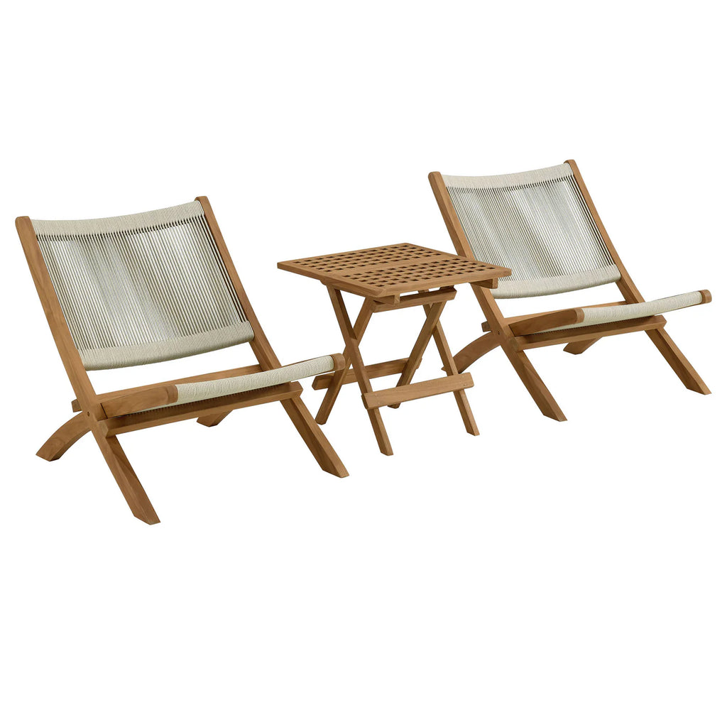 Vienna 3-Piece Outdoor Patio Folding Lounge Chair and Side Table Set in Teak and Rope image 7