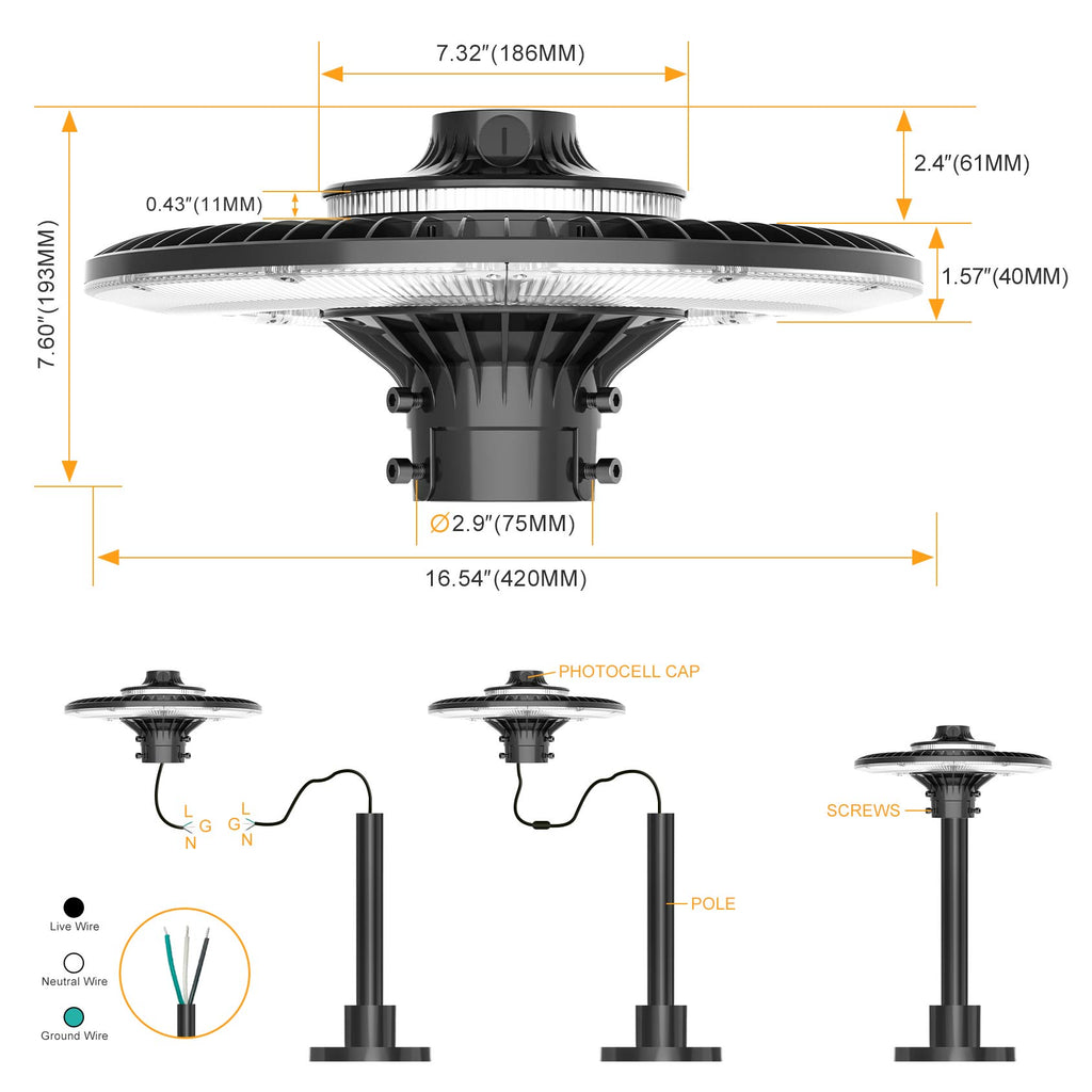 LED Post Top Pole Light with Dusk to Dawn Photocell, 60W/80W/100W/120W/150W/200W Options, 3000K/4000K/5000K CCT Tunable, LED Garden Area Lights for Pathway IP65 Waterproof image 6