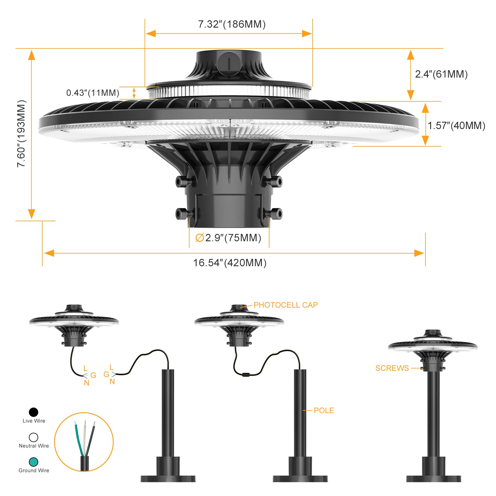 LED Post Top Pole Light with Dusk to Dawn Photocell, 60W/80W/100W/120W/150W/200W Options, 3000K/4000K/5000K CCT Tunable, LED Garden Area Lights for Pathway IP65 Waterproof image 6
