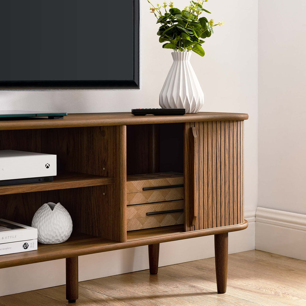 Contour 63" Wood TV Stand | Oak &amp; Walnut Finish Options | Mid-Century Modern TV Stand | Rubberwood, Particleboard, MDF | Adjustable Shelves | Sliding Doors image 2