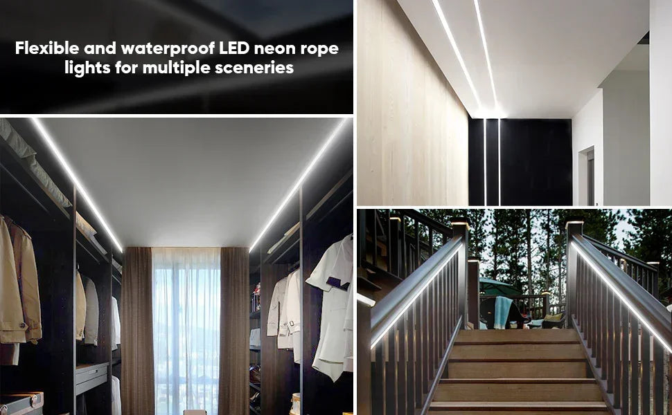 120V LED Neon Rope Light, 6500K Cool White, IP65, Cuttable & Dimmable