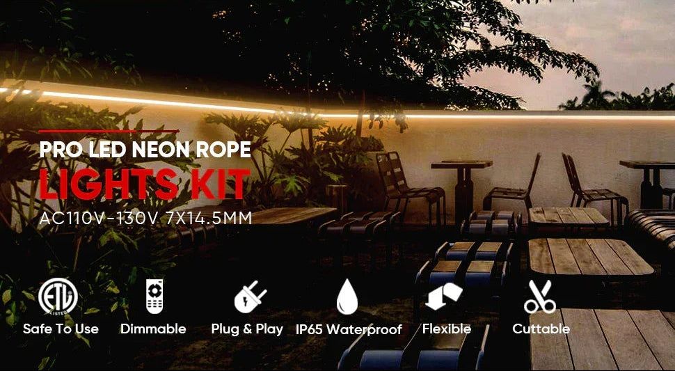 120V LED Neon Rope Light, 3000K Warm White, IP65, Cuttable & Dimmable