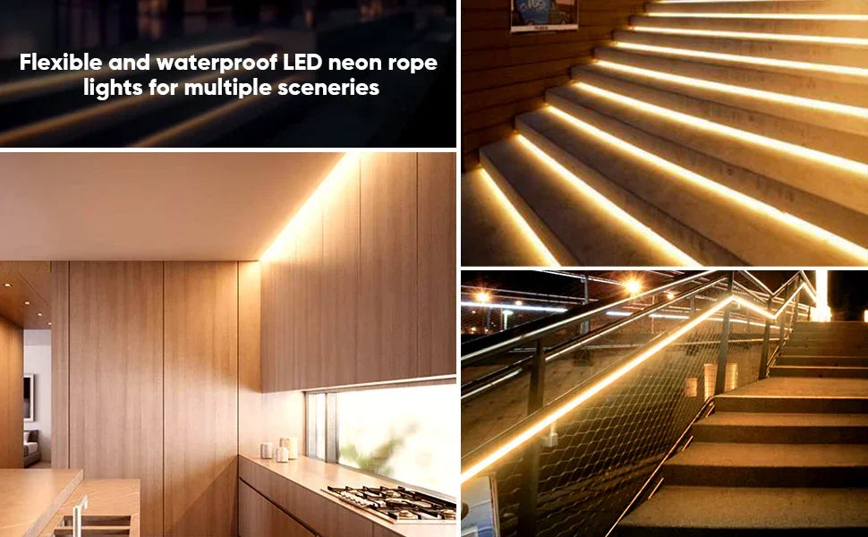 120V LED Neon Rope Light, 3000K Warm White, IP65, Cuttable & Dimmable
