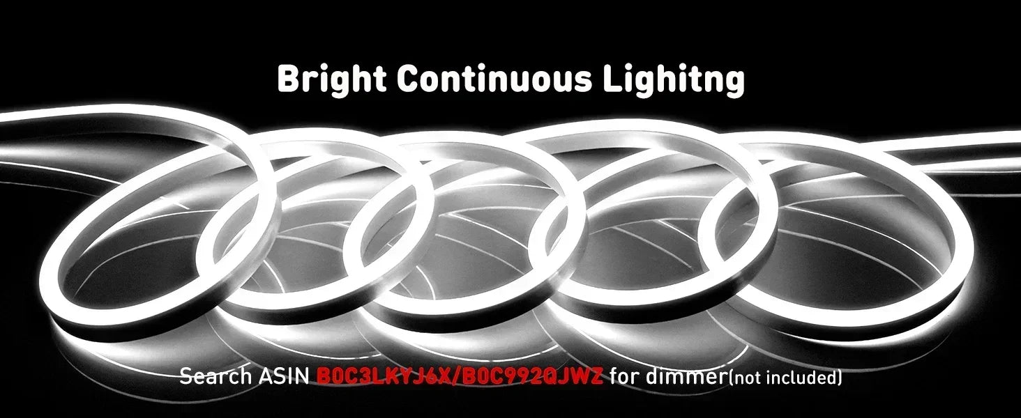 6000K Cool White LED Neon Rope Light – Dotless, Dimmable, IP65, ETL Listed