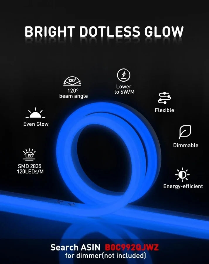 Blue LED Neon Rope Light – Dotless, Dimmable, IP65, ETL Listed