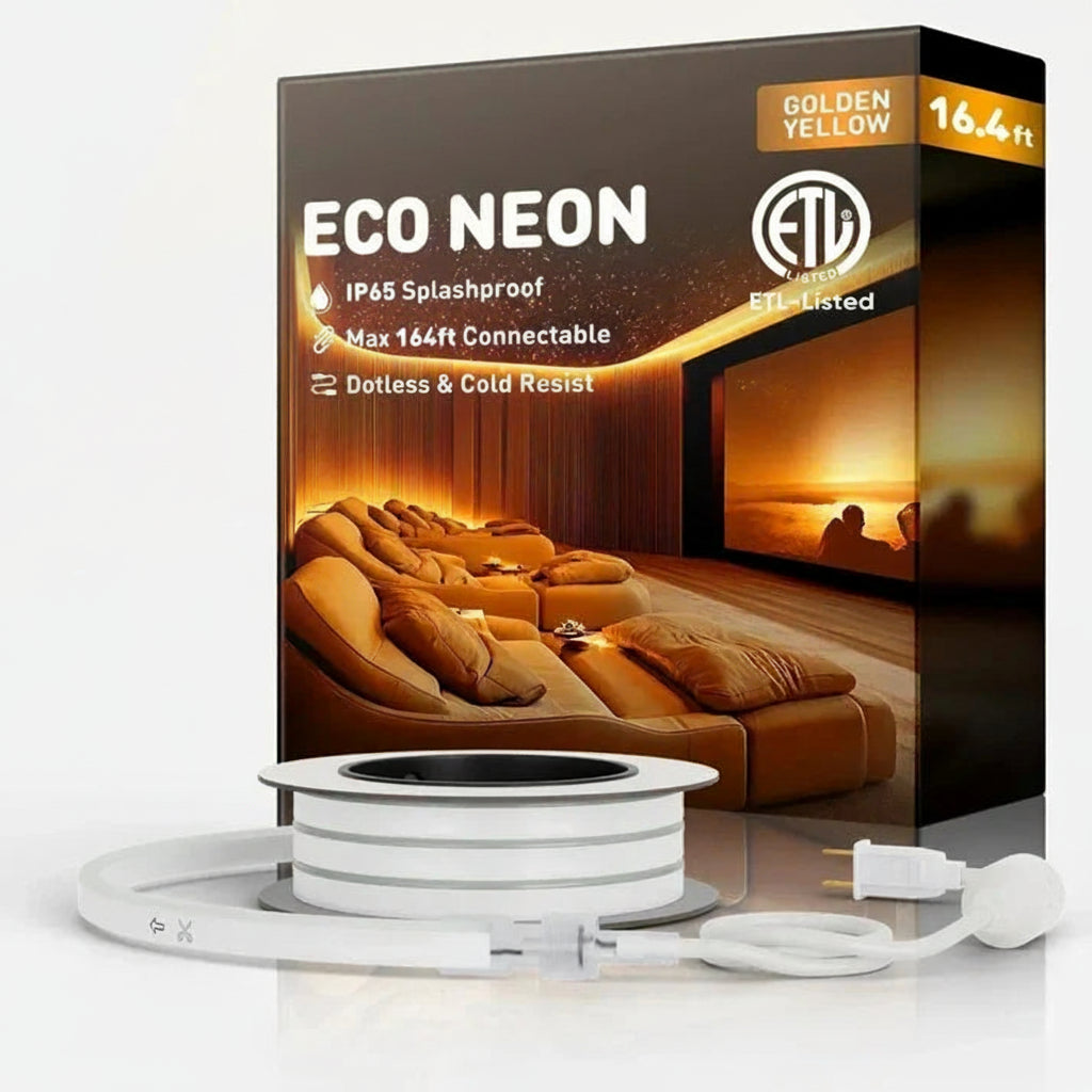 Amber Yellow LED Neon Rope Light – Dotless, Cuttable, IP65, ETL Listed, 110V
