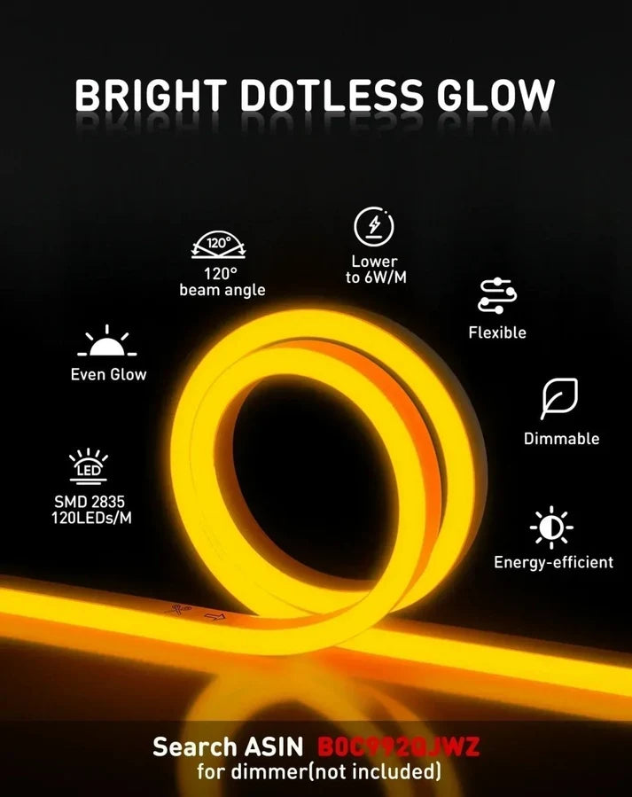 Amber Yellow LED Neon Rope Light – Dotless, Cuttable, IP65, ETL Listed, 110V