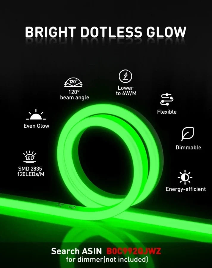 Green LED Neon Rope Light – Dotless, Cuttable, IP65, ETL Listed