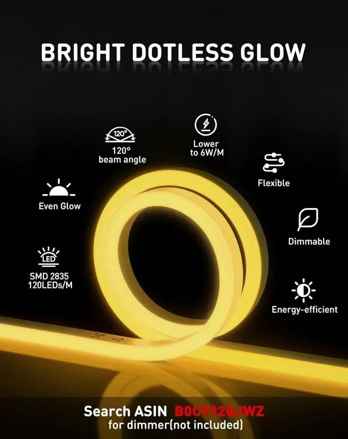 2600K Warm White LED Neon Rope Light – Dotless, Dimmable, IP65, ETL Listed