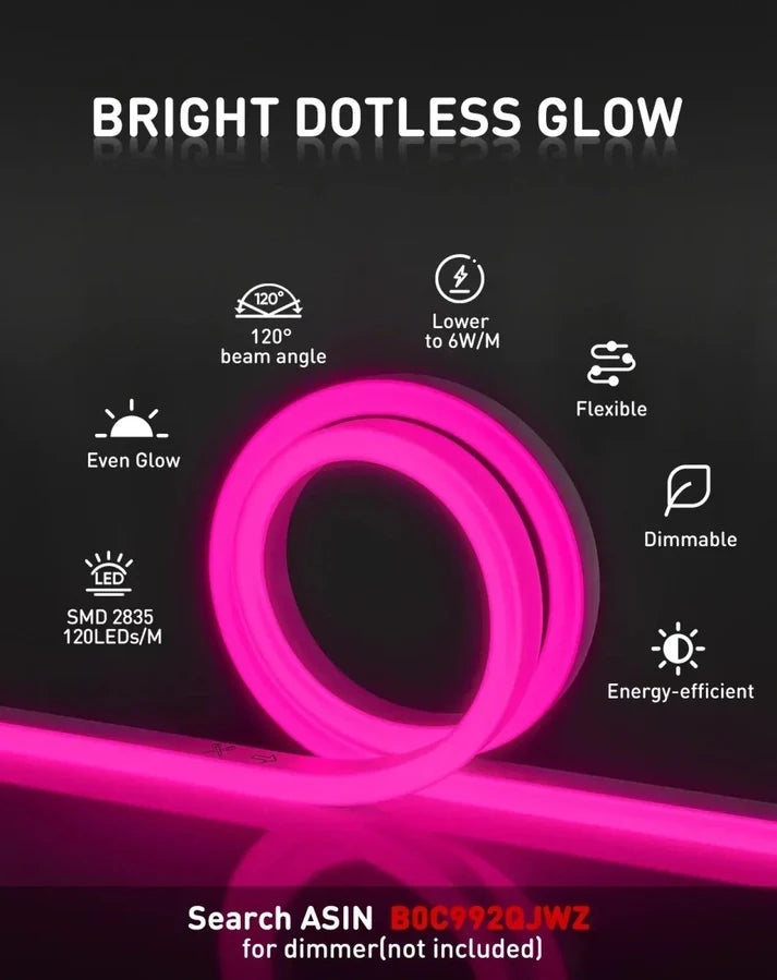 Pink LED Neon Rope Light – Dotless, Dimmable, IP65, ETL Listed