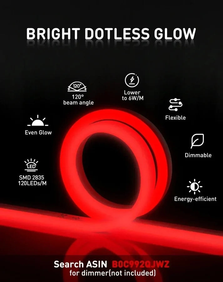 Red LED Neon Rope Light – Dotless, Dimmable, IP65, ETL Listed
