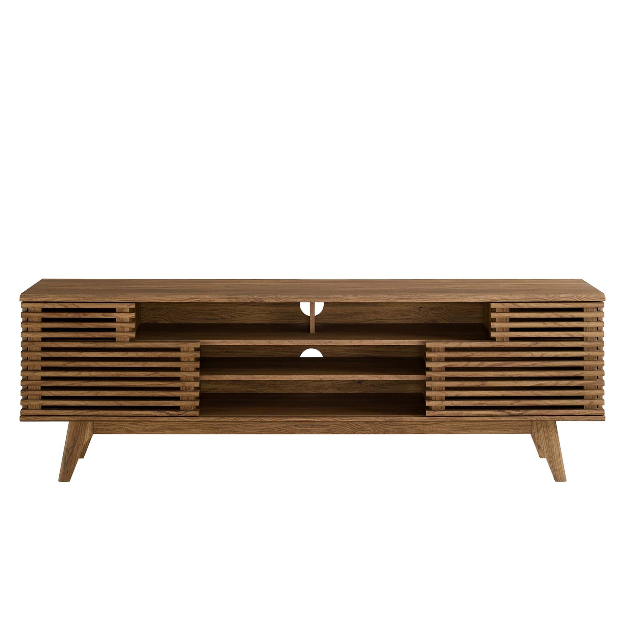 Render 71" Media Console TV Stand | Oak &amp; Walnut Finish Options | Mid-Century Modern Entertainment Center | Smooth Wood Grain Laminate | Durable Particleboard and MDF Construction | Slatted Sliding Doors image 5
