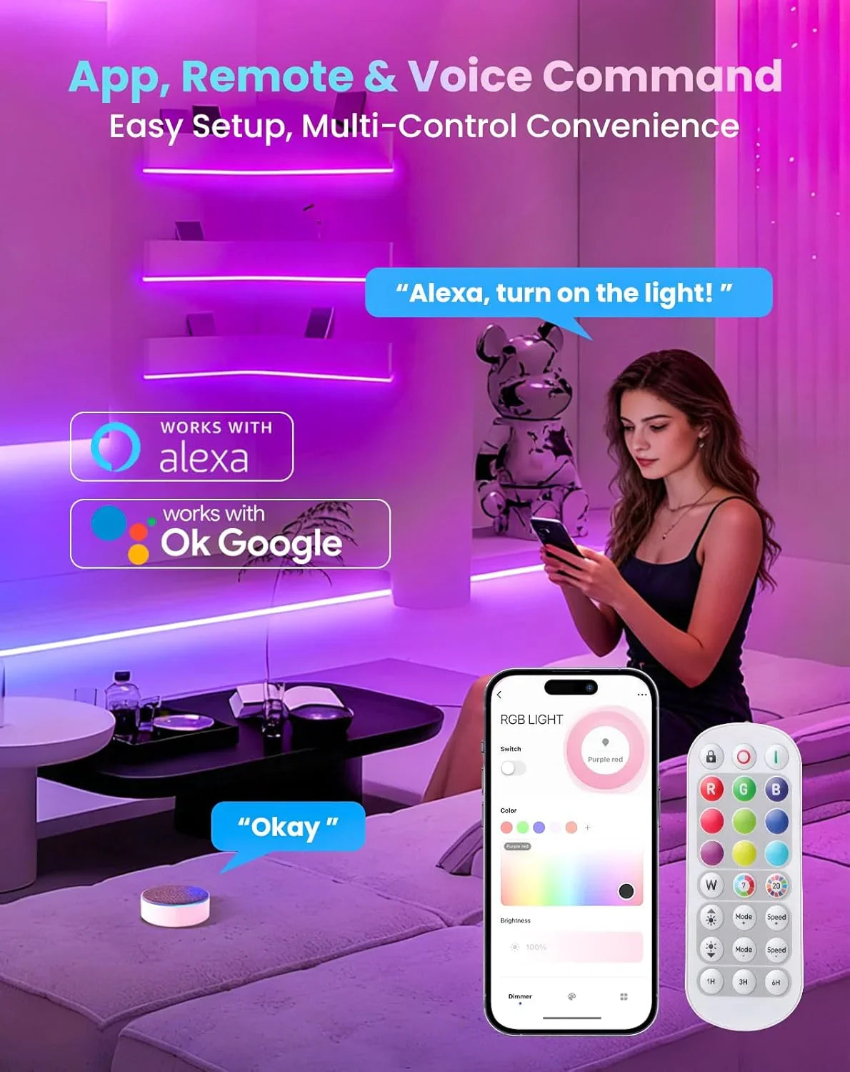 120V Smart RGB LED Neon Rope Light, IP65, 16M Colors, Voice Control