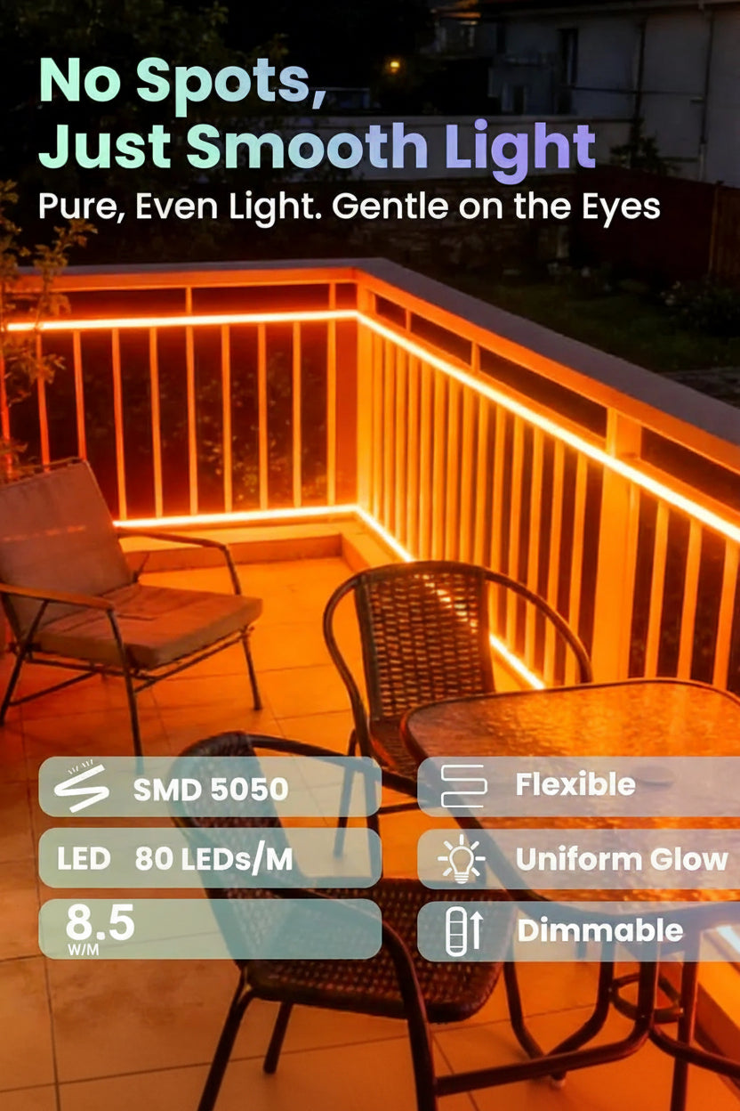 Outdoor deck with LED strip lights creating a warm glow, featuring text about light quality and product features.