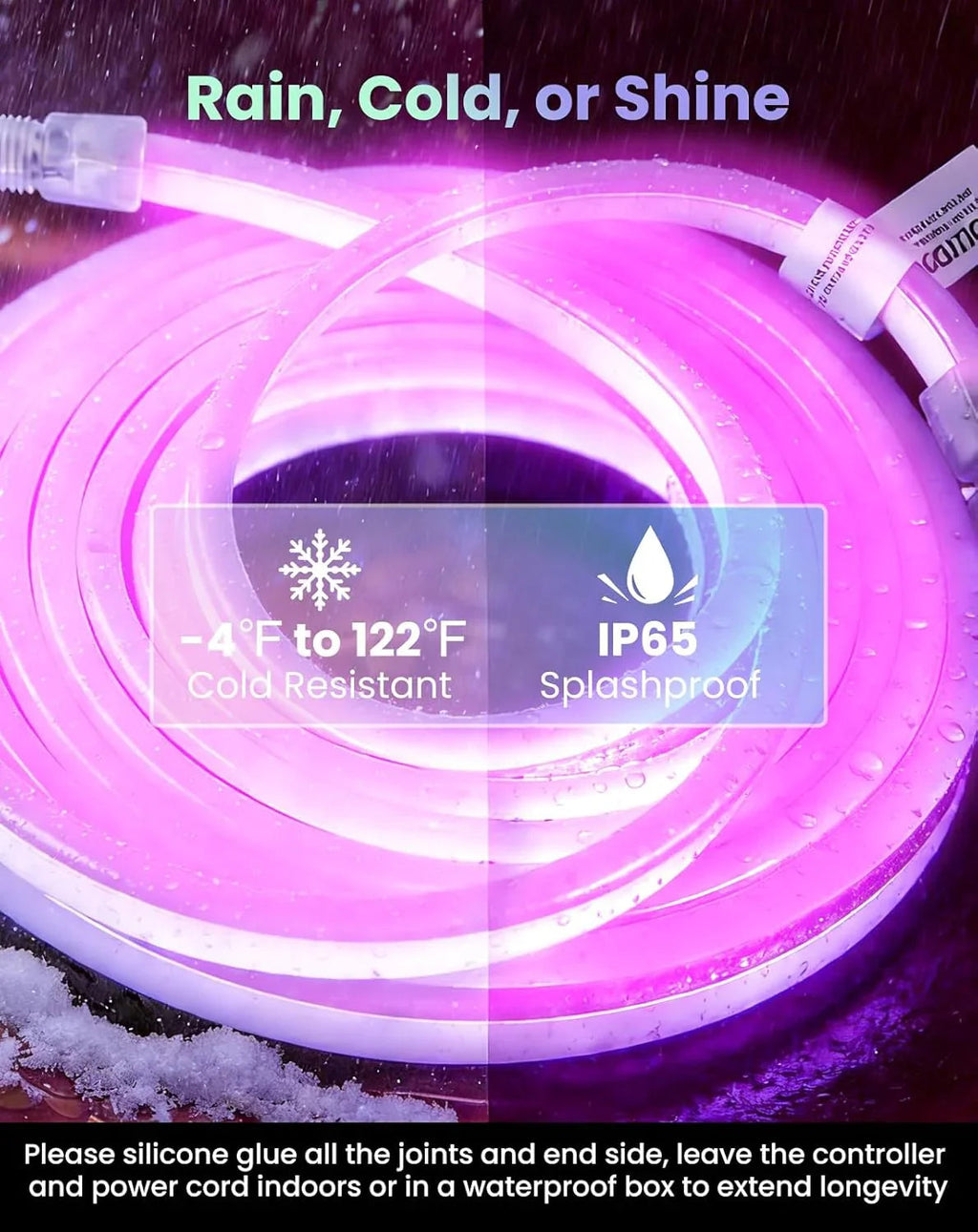 120V Smart RGB LED Neon Rope Light, IP65, 16M Colors, Voice Control