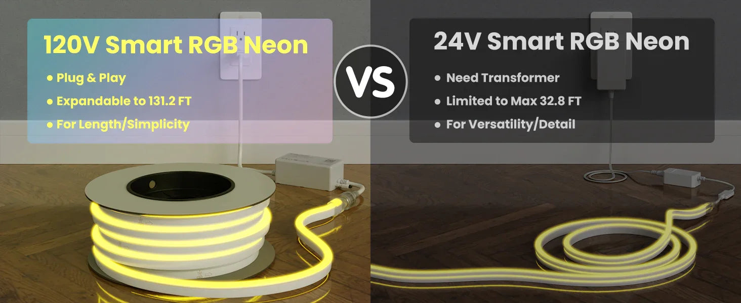 120V Smart RGB LED Neon Rope Light, IP65, 16M Colors, Voice Control