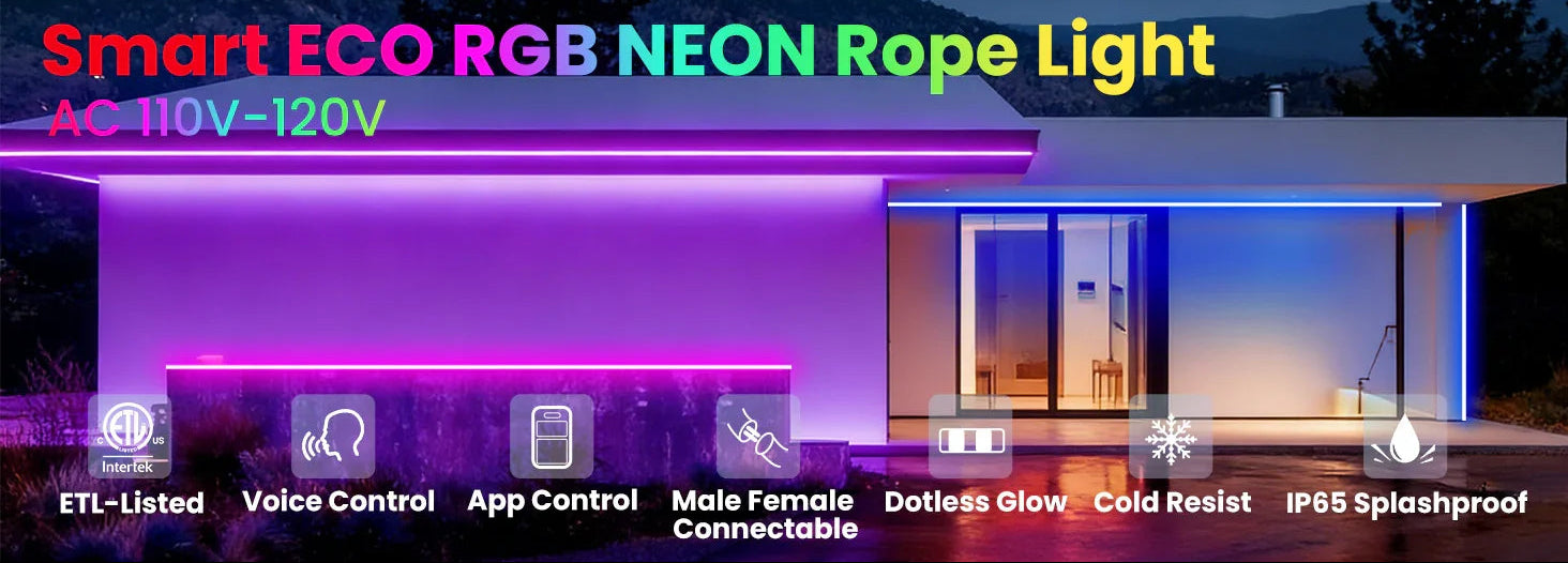 120V Smart RGB LED Neon Rope Light, IP65, 16M Colors, Voice Control