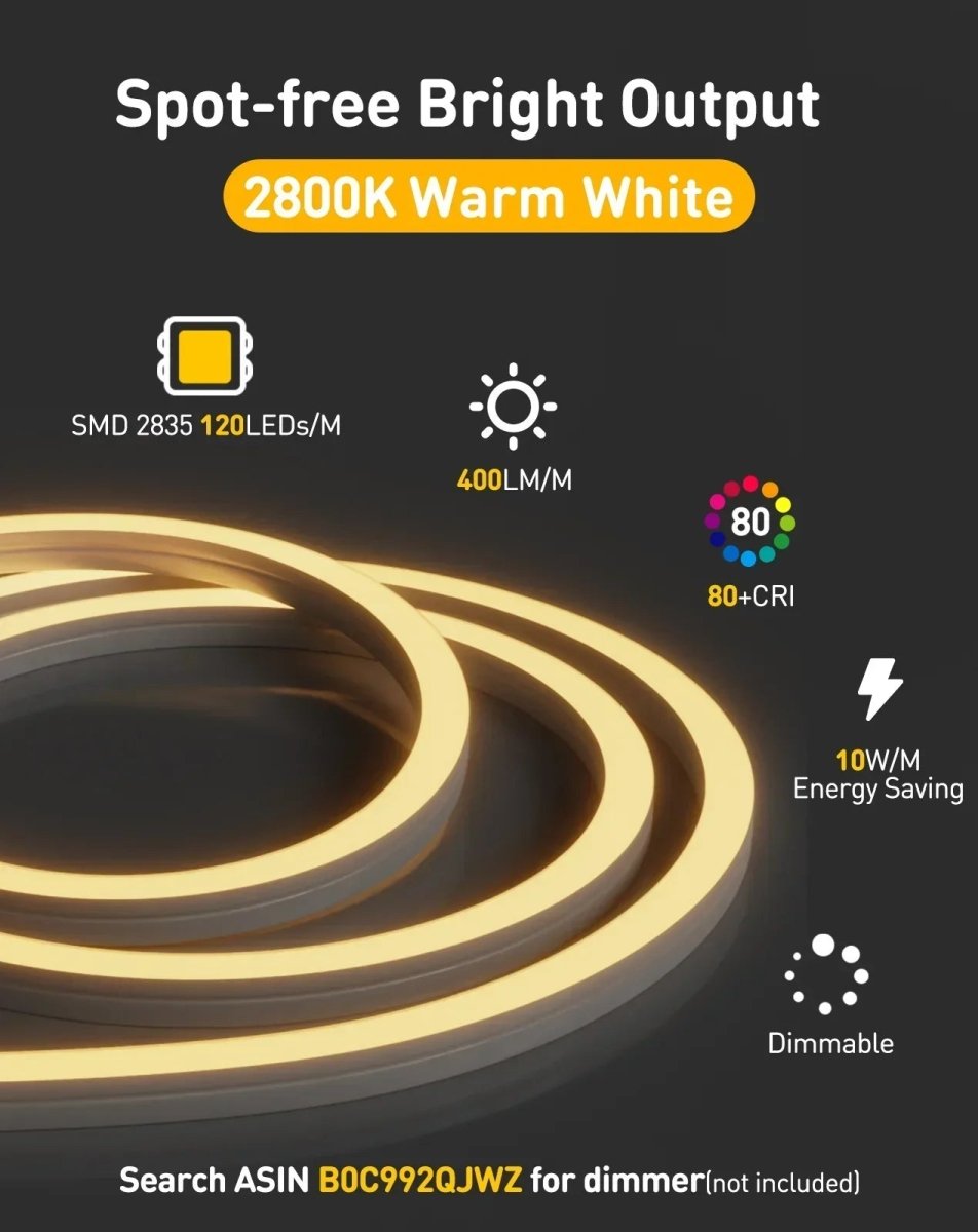 Promotional graphic for a warm white LED rope light showing glowing coiled strips on a dark background with feature callouts including 2800K warm white, 400LM/M brightness, 80+ CRI, 10W/M energy saving, and dimmable.