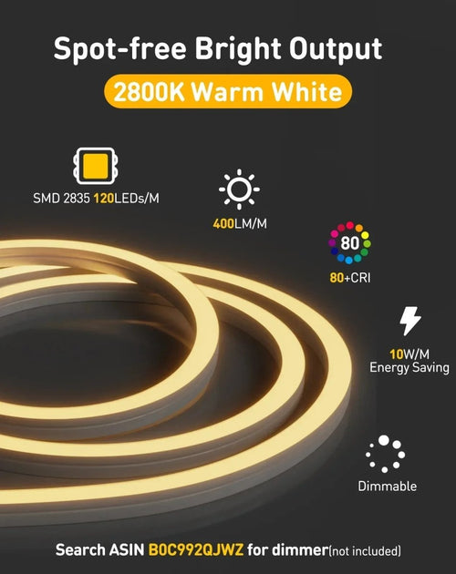 Promotional graphic for a warm white LED rope light showing glowing coiled strips on a dark background with feature callouts including 2800K warm white, 400LM/M brightness, 80+ CRI, 10W/M energy saving, and dimmable.