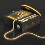 A boxed neon light product on a dark studio background, with the box labeled '3D BEND NEON' and a glowing curved tube of warm yellow light shown above and around it.