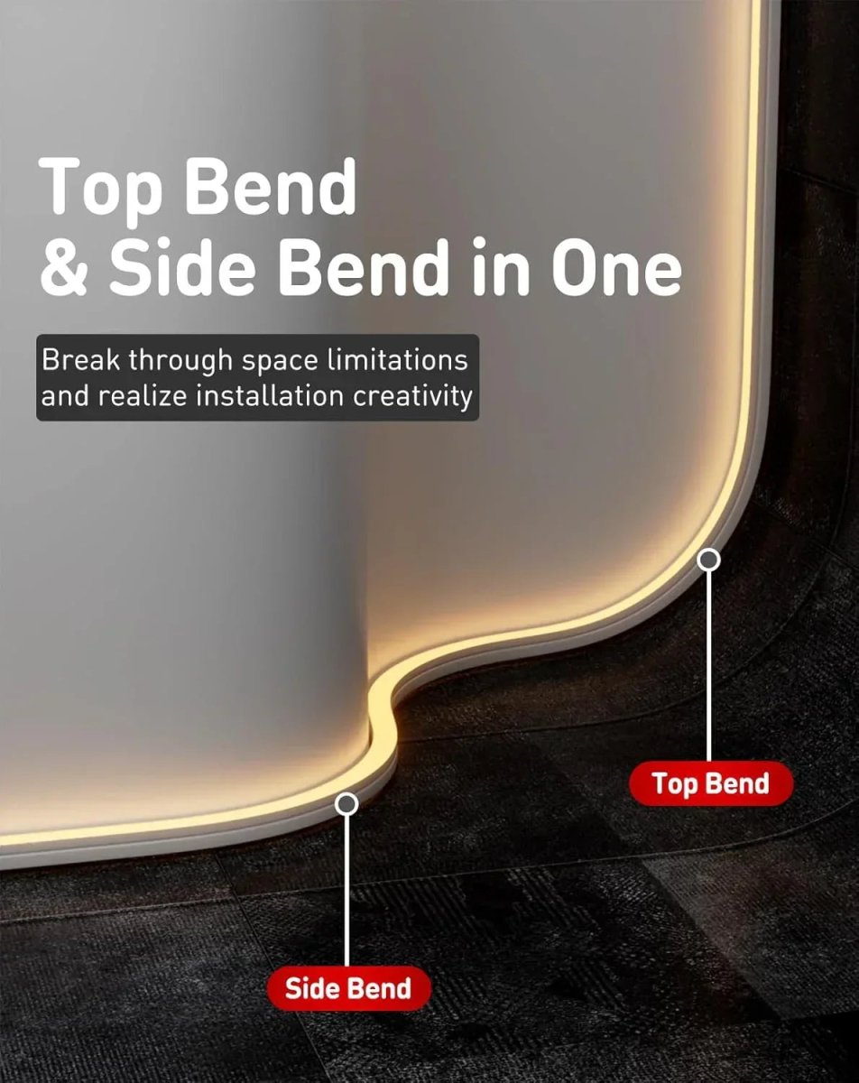 A curved LED light strip shown installed along the edge of a wall and floor, with overlaid text reading 'Top Bend & Side Bend in One' and callout labels pointing to the top and side bends.