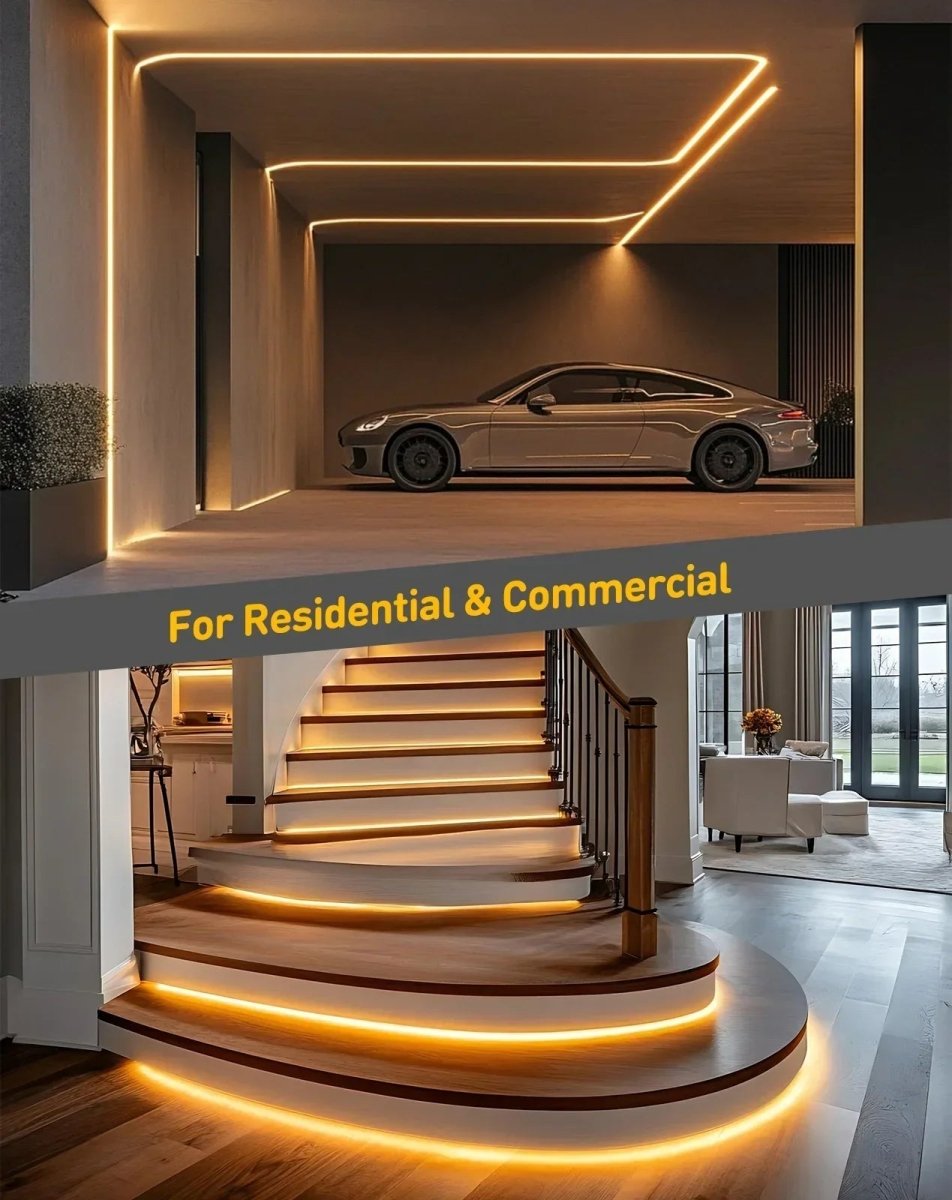 A modern interior design showcase featuring warm LED under-step lighting and architectural LED strip lighting. A silver sports car is parked inside a minimalist garage with integrated ceiling LED lines.