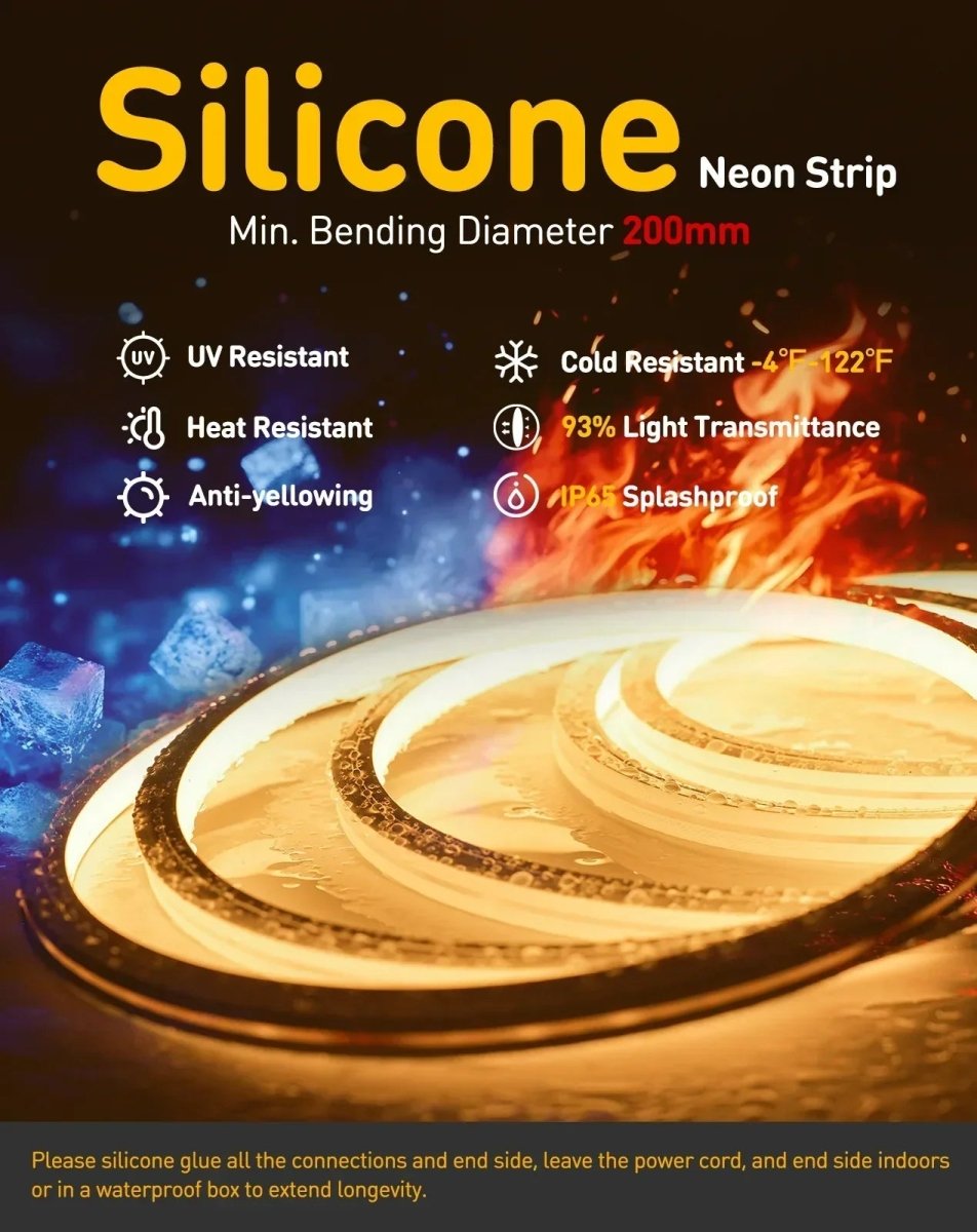 A promotional graphic for a silicone neon strip light. The product is shown as a glowing circular spiral on a dark background with blue ice crystals on the left and orange flames on the right.