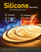 A promotional graphic for a silicone neon strip light. The product is shown as a glowing circular spiral on a dark background with blue ice crystals on the left and orange flames on the right.