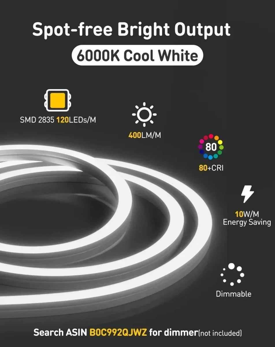 120V 3D Bend Neon Flex 6000K Cool White, IP65, ETL Listed